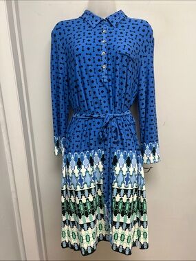 Ali Ro Blue Geometric Print Belted Dress NWT Size 12